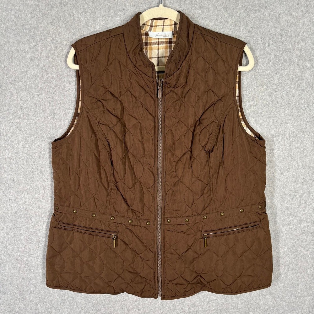 Quilted Flannel Lined Vest 1X Studded Equestrian Country Farmhouse Neutral‎